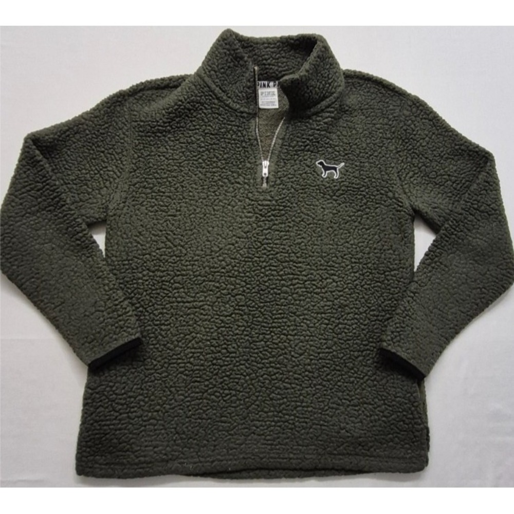 VS PINK women's Green 1/4 zip pullover fleece sweatshirt sz. XS dog logo